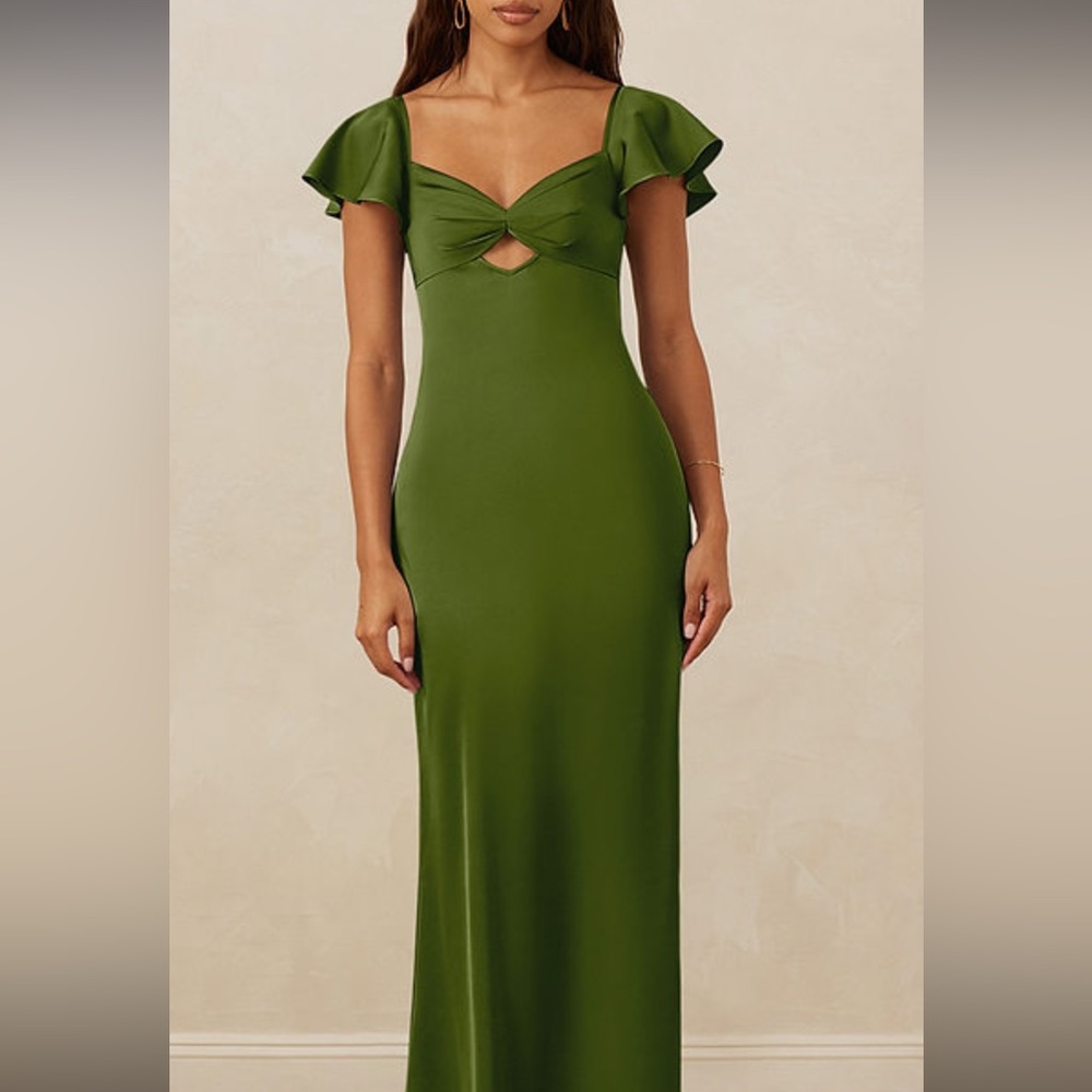 Azazie Olive Green Flutter-Sleeve Prom Dress